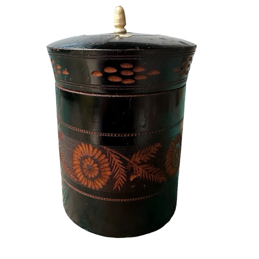 Vintage Artisan Made Lidded Jar 5‎ Inch Pot Hand Carved Black Brown Wood Floral